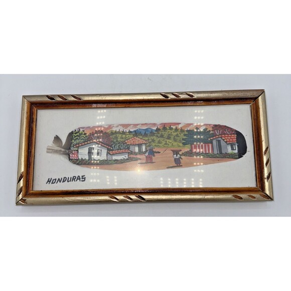 Handpainted & Framed Feather Art Honduras Village Scene Wall Hanger 10.75" X 5" - Picture 8 of 10